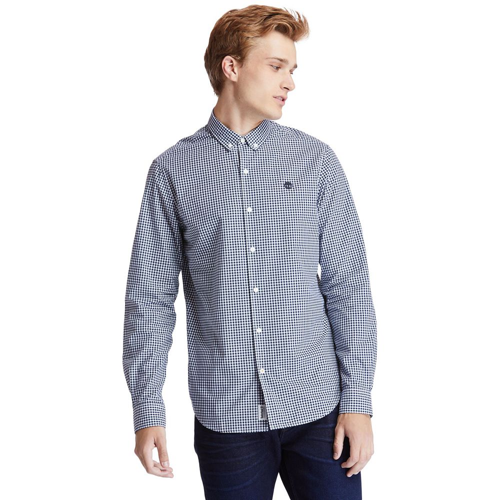 Timberland Mens Shirts Suncook River Long-Sleeve Poplin Gingham - Blue - India DU6180532